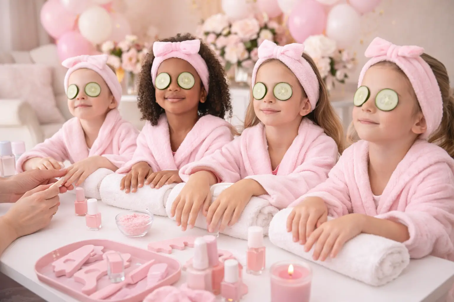 Children's papmper parties Tutbury - 4 girls in pink robes enjoying a pamper party